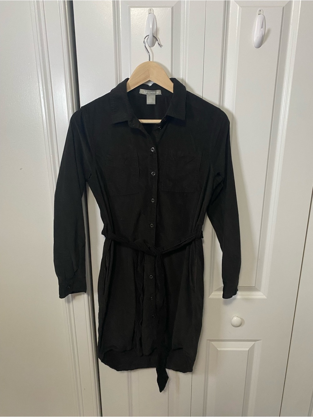 Lucky Brand Black Button-Front Corduroy Shirt Dress with Tie